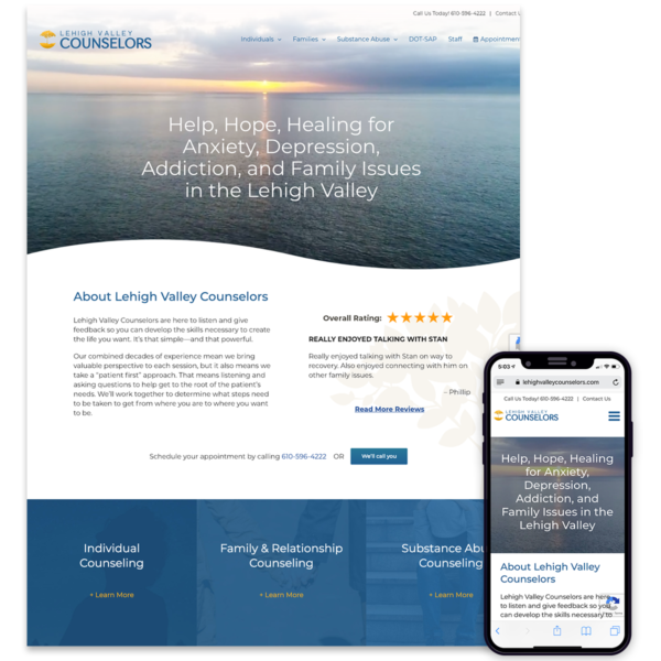Punch Garage website design for Lehigh Valley Counselors, shown on desktop and mobile.