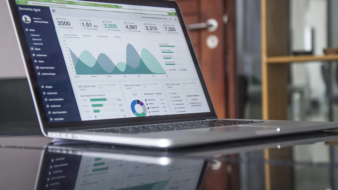 Website traffic and performance charts displayed on a laptop.