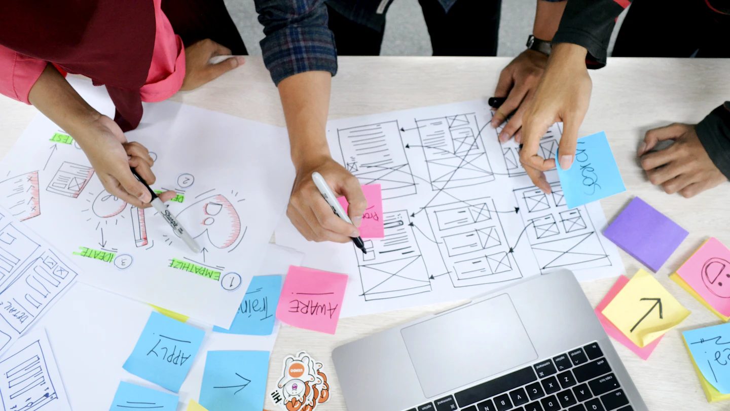 A team reviews website wireframes and customer journey notes around a laptop.