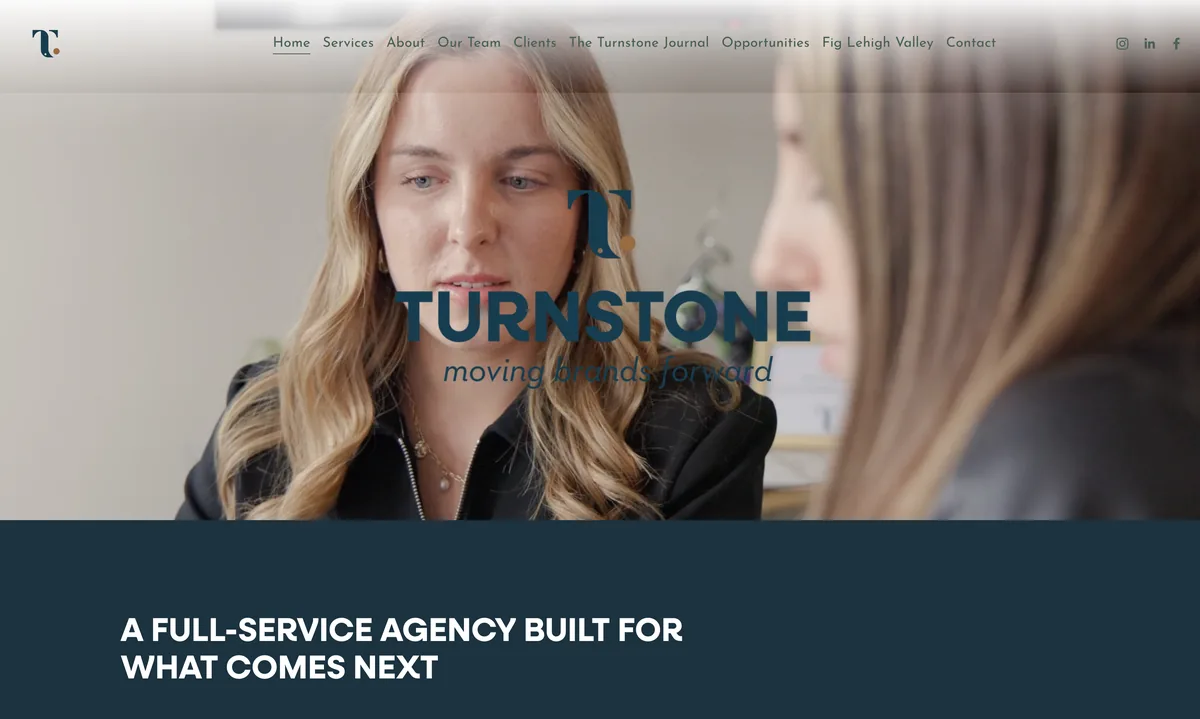 Turnstone Creative homepage showing its logo and video storytelling imagery.